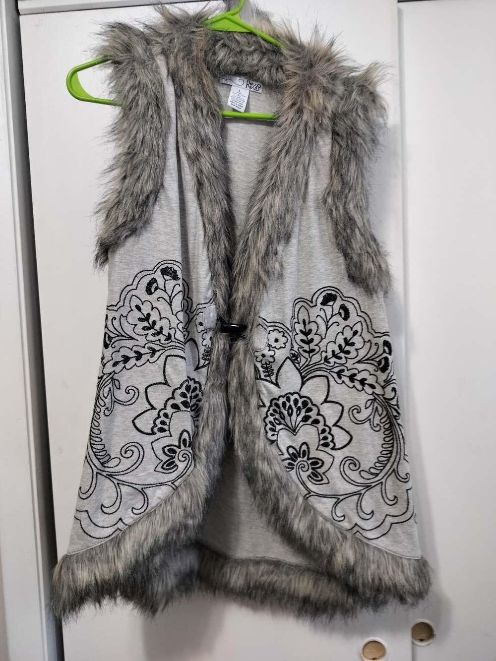 RXB Grey Faux Fur Trim Hooded Vest with Black Floral Print